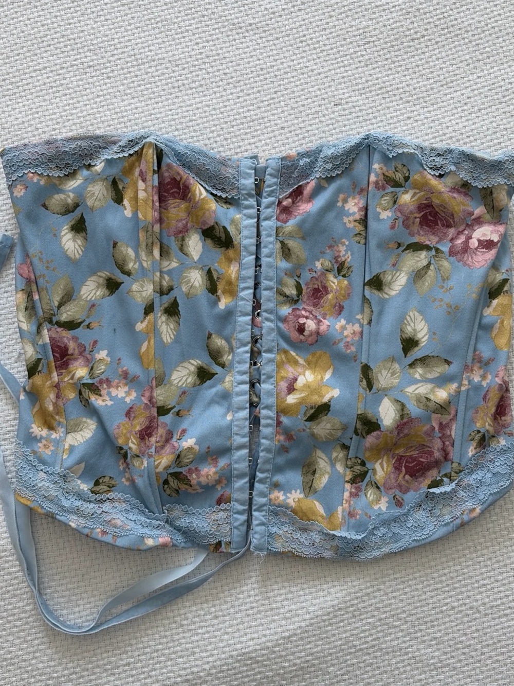 Floral Lace-Trim Strapless Bandeau in Light Blue